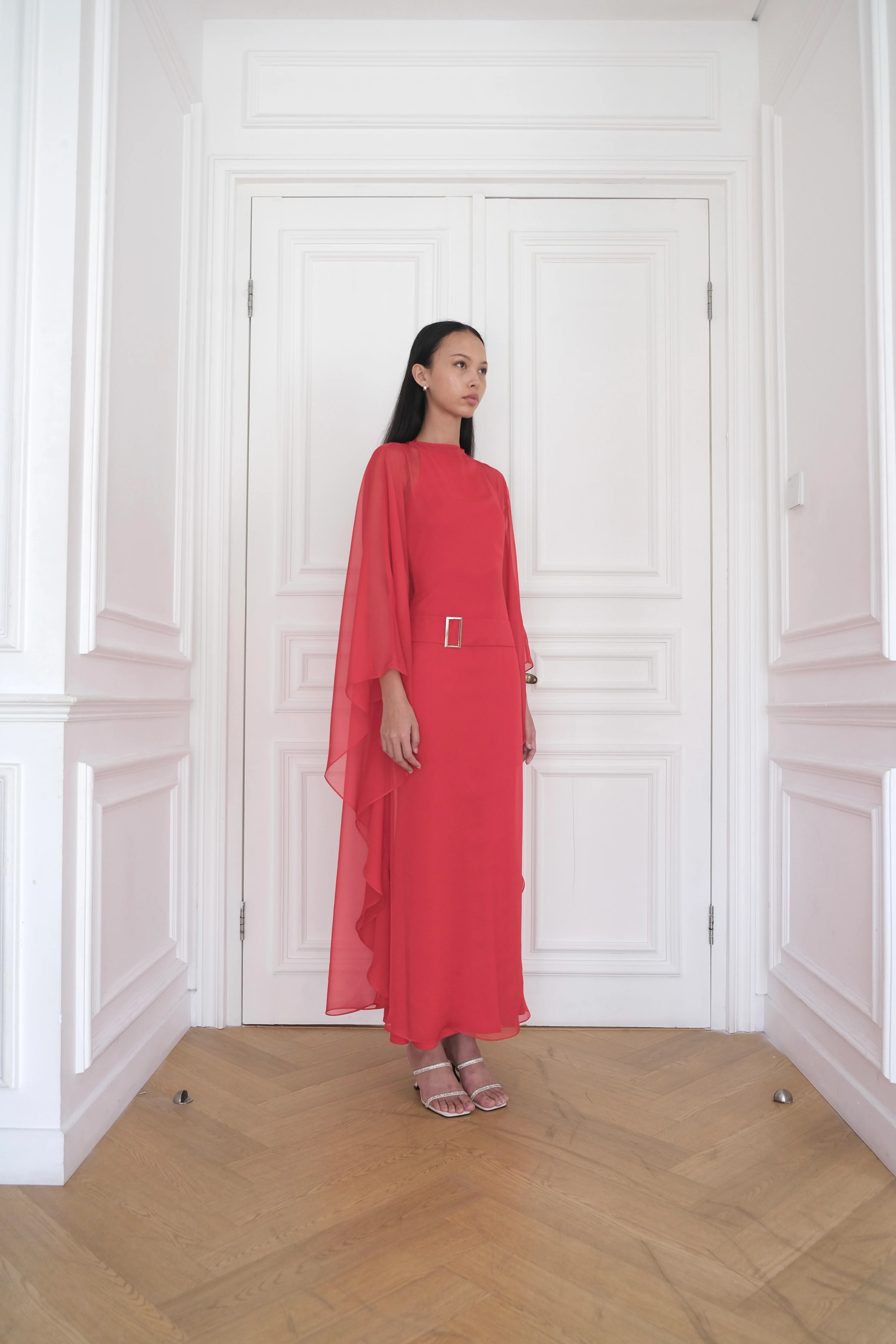 ELARA Belted Kaftan Dress in Poppy Red - Image 3