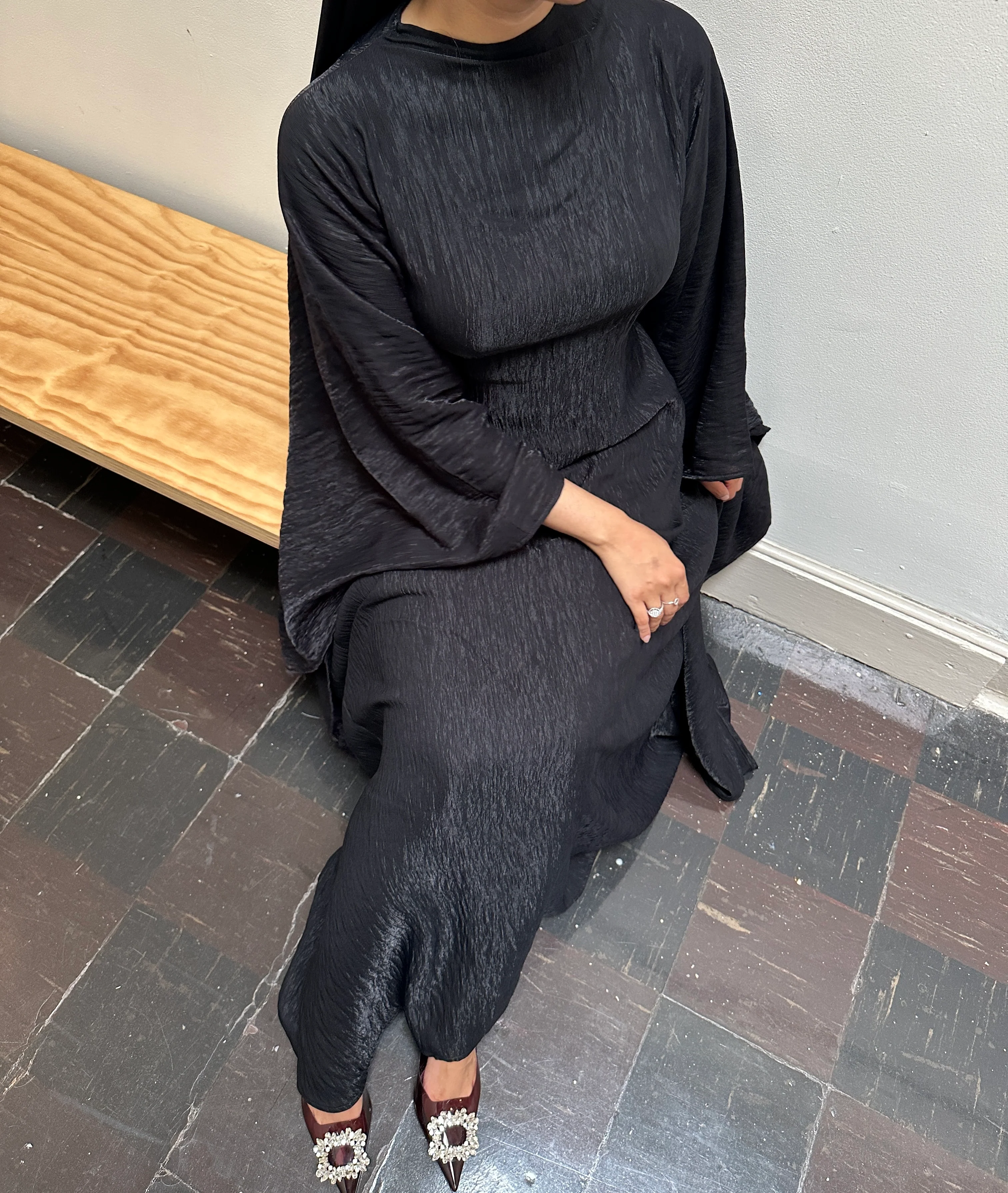 Black Plissé Kaftan Dress - Image 4