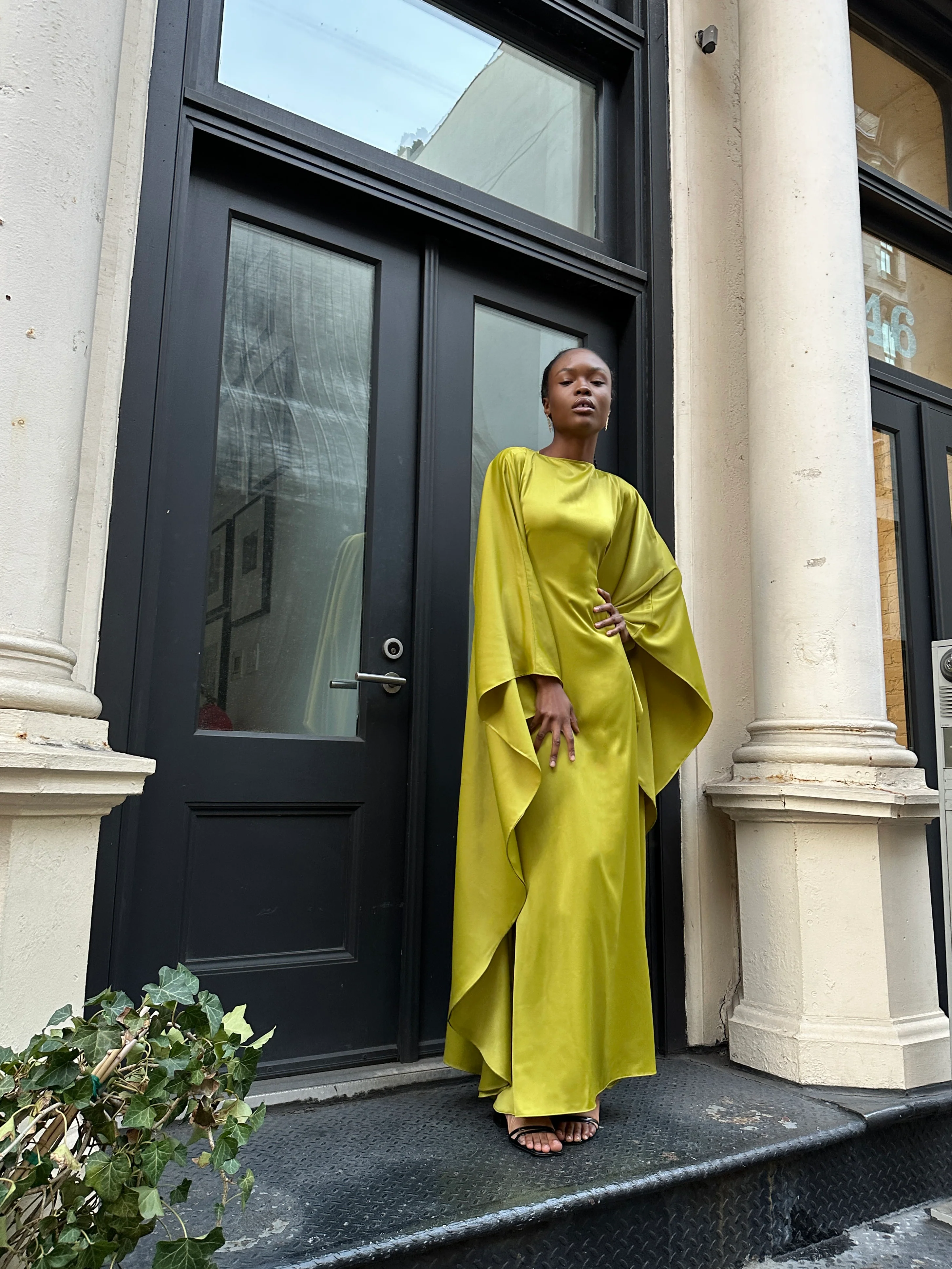 Chartreuse Satin Kaftan Dress - Image 3