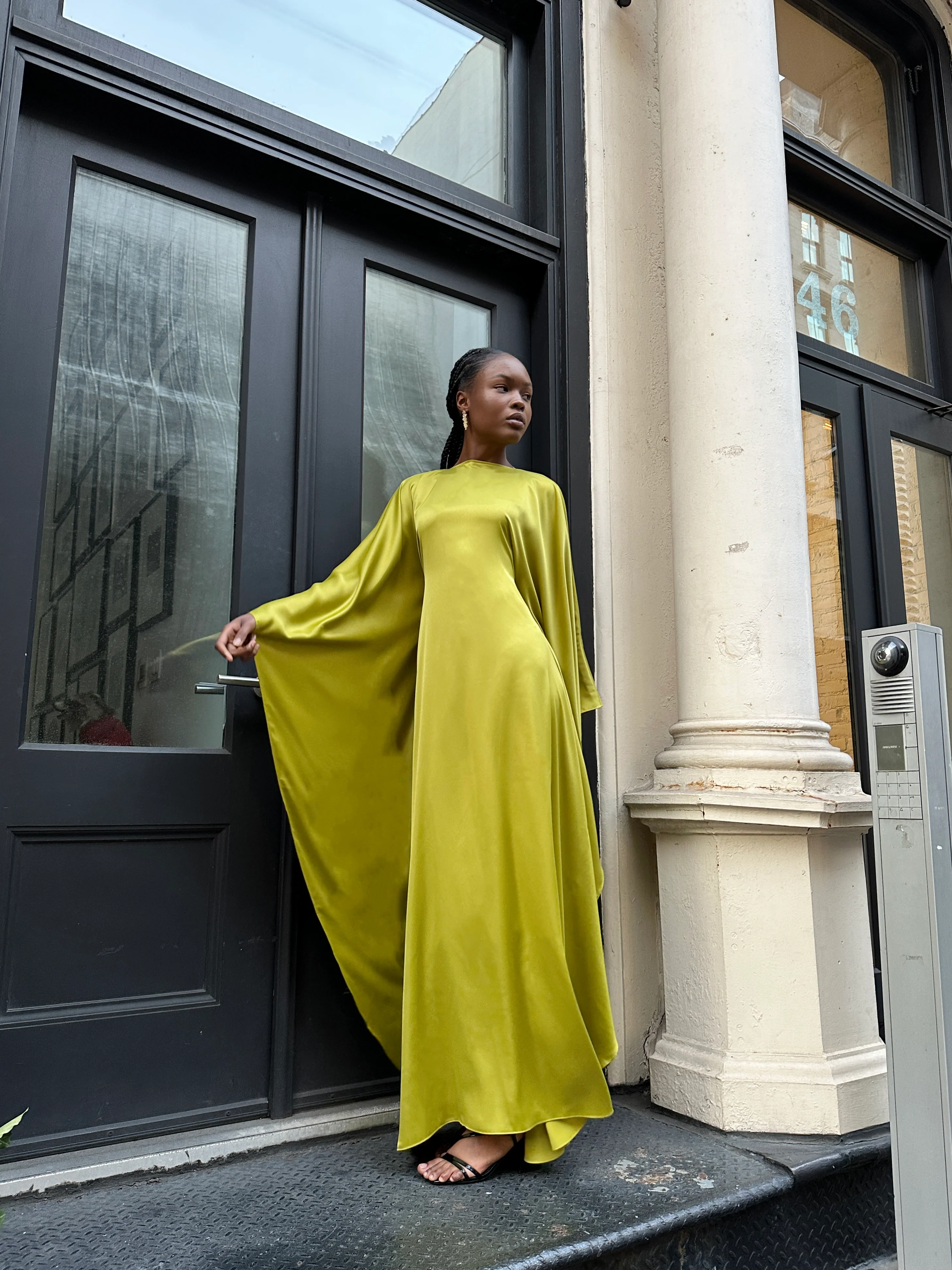 Chartreuse Satin Kaftan Dress - Image 4