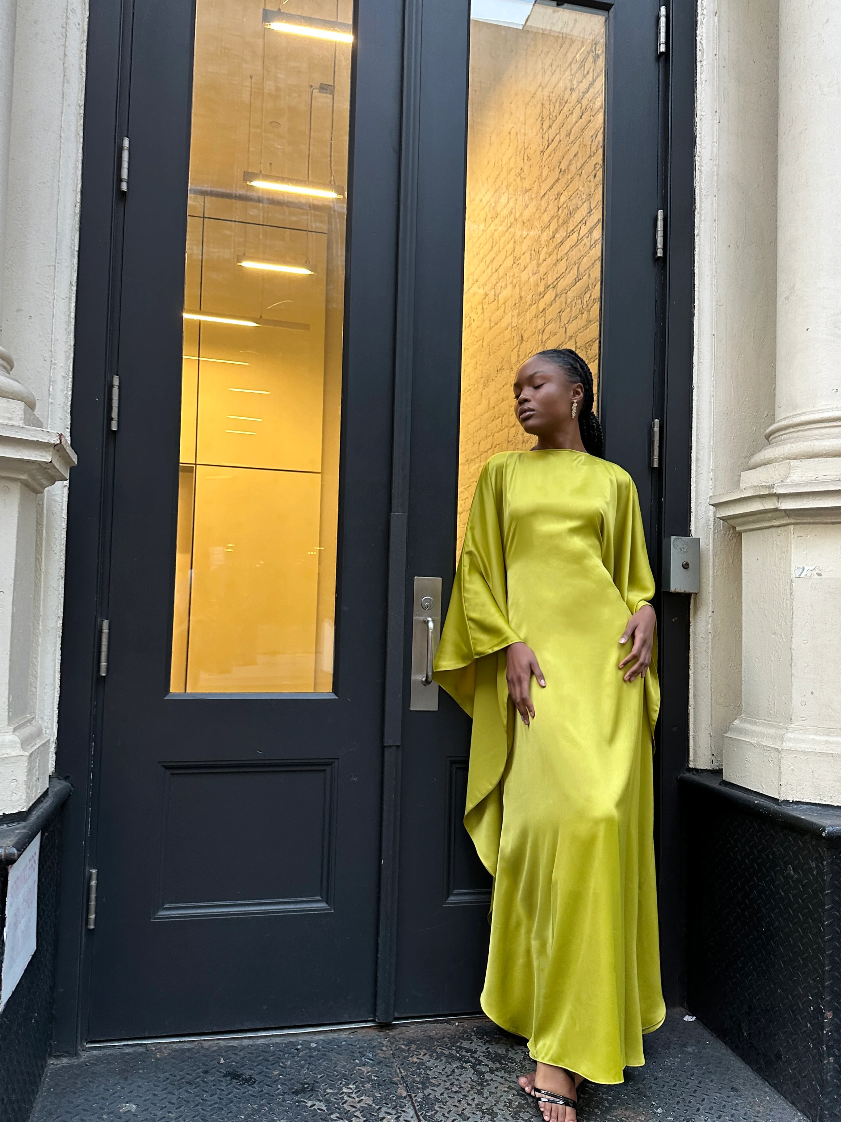 Chartreuse Satin Kaftan Dress - Image 5
