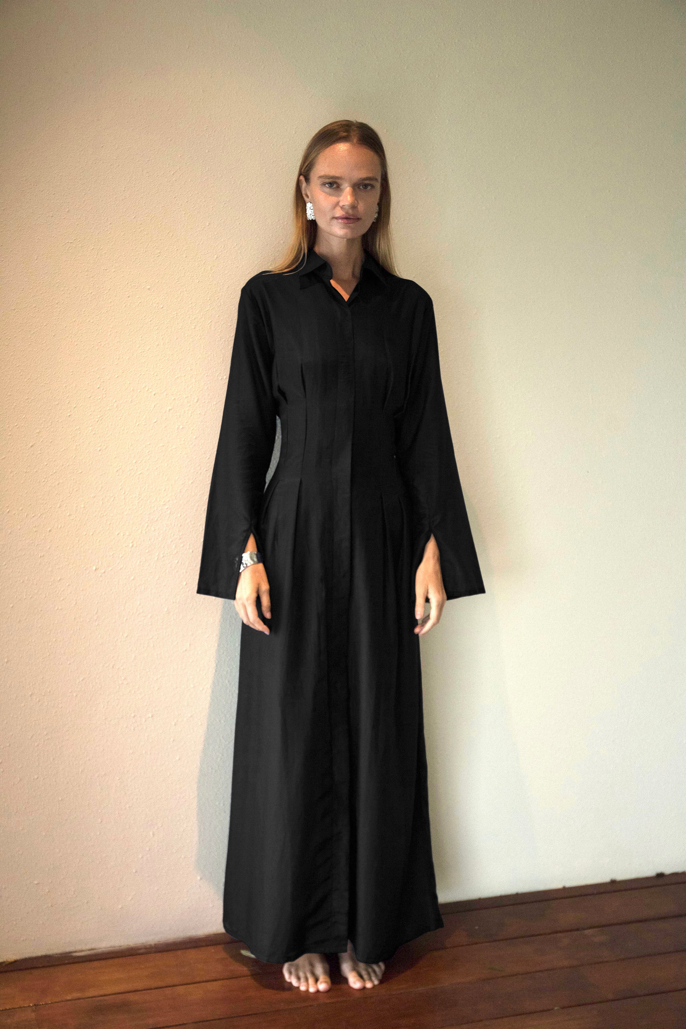 Silk-Cotton Cinched Dress in Black - Image 3