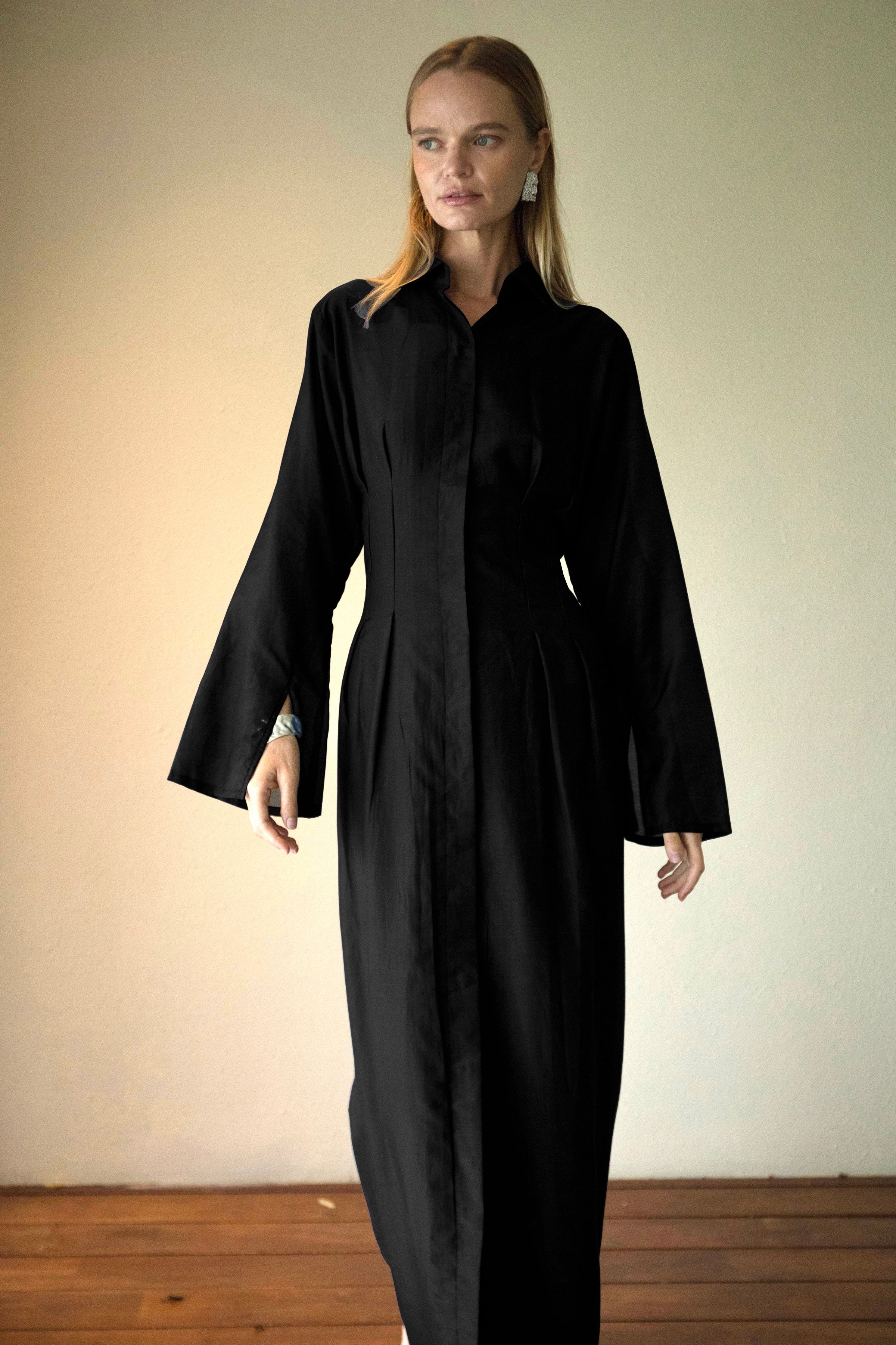 Silk-Cotton Cinched Dress in Black - Image 5