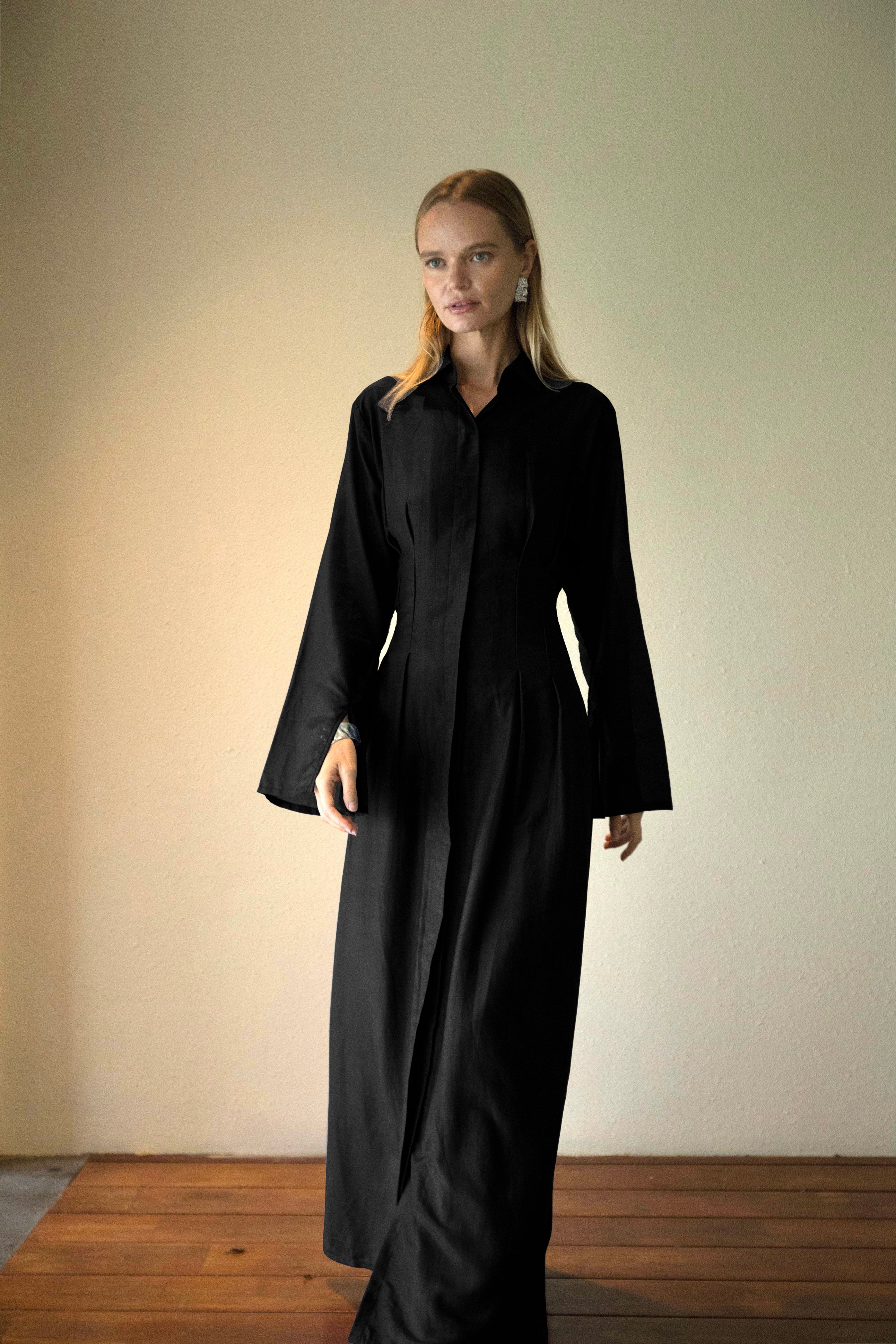 Silk-Cotton Cinched Dress in Black - Image 6