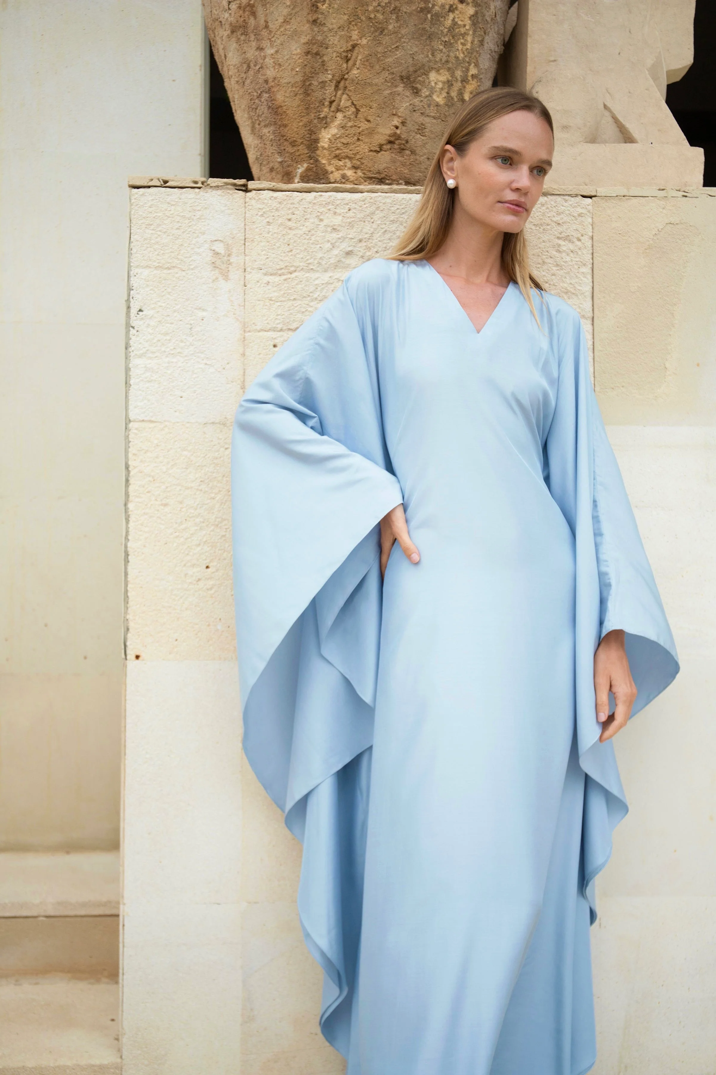 Silk Kaftan Dress in Azure V-neck - Image 3
